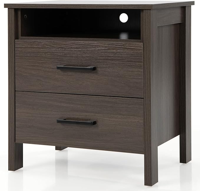 Nightstand with 2 Drawers, Wooden End Side Table with Open Storage Shelf and Cable