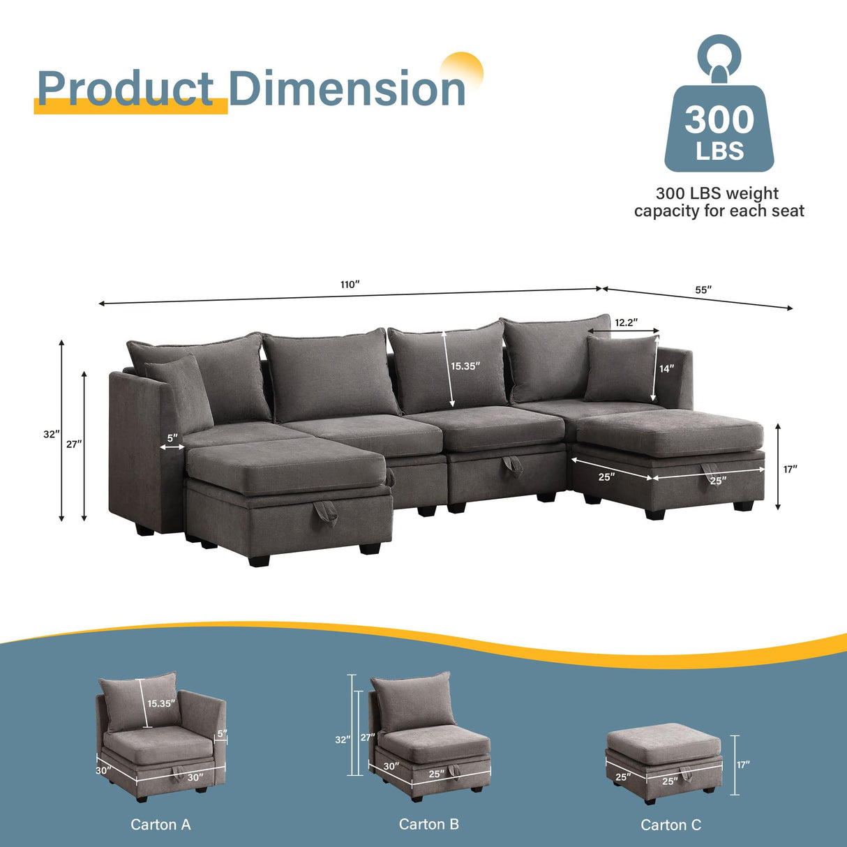 Modular Sectional Sofa, Convertible U Shaped Sofa Couch with Storage