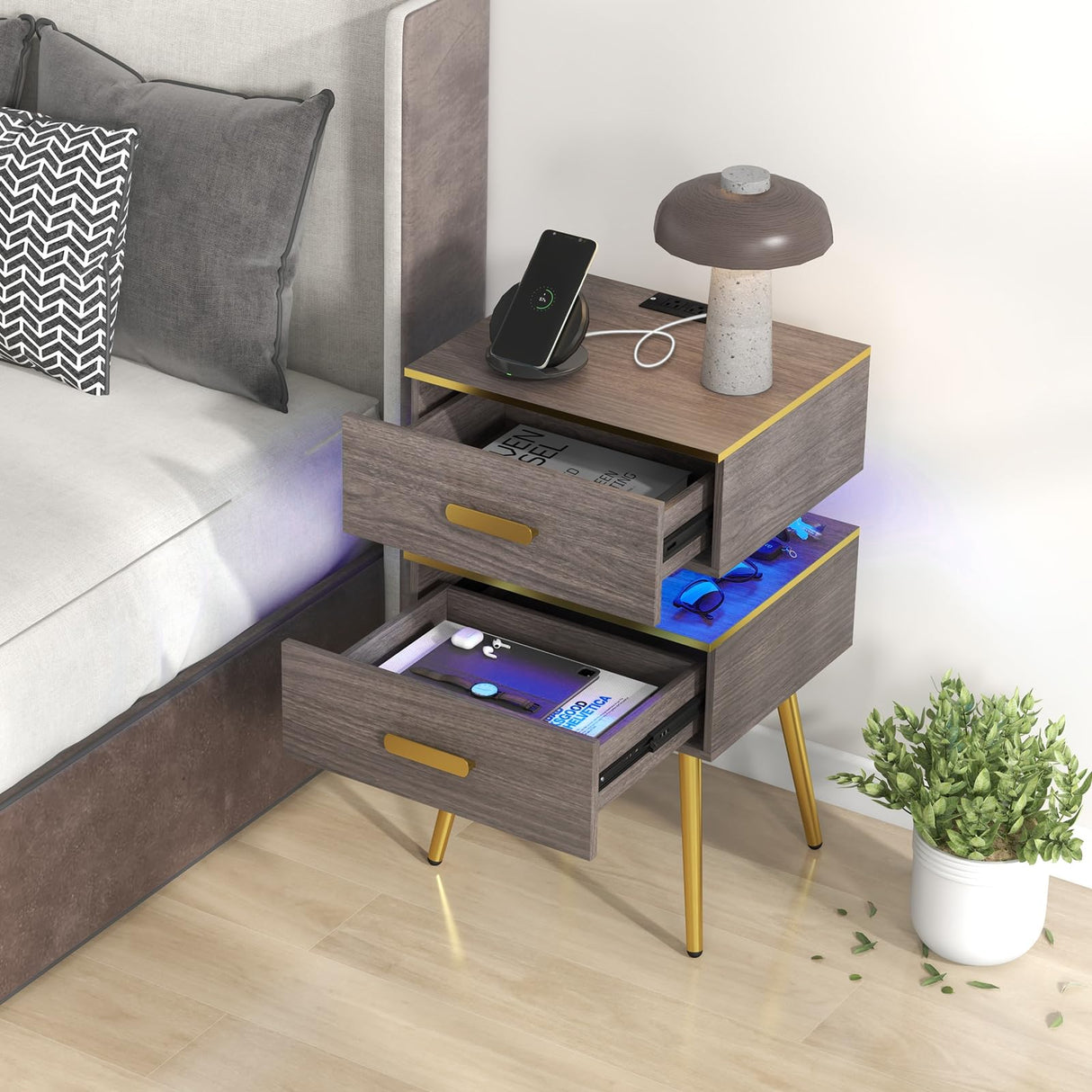 Nightstand with Charging Station & LED Lights, 28.5" Bedside Table with 2 Drawers