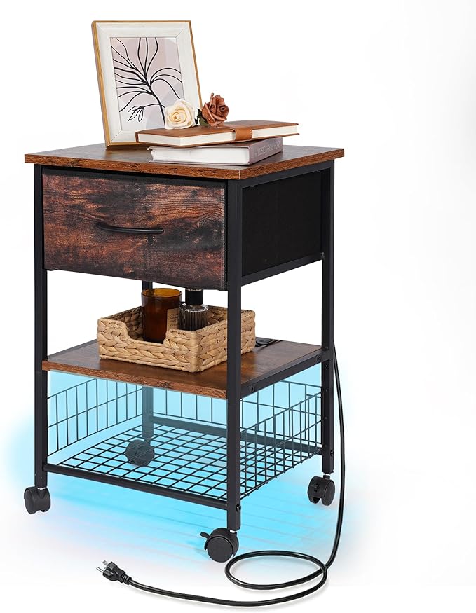 Night Stand with Charging Station, RGB LED Side Table