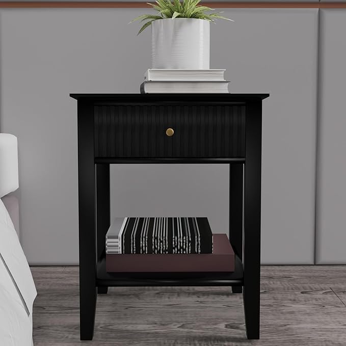 Fluted 3 Drawers Black Nightstand, Bedroom 24" Bed Night Stand, Side End Table Small