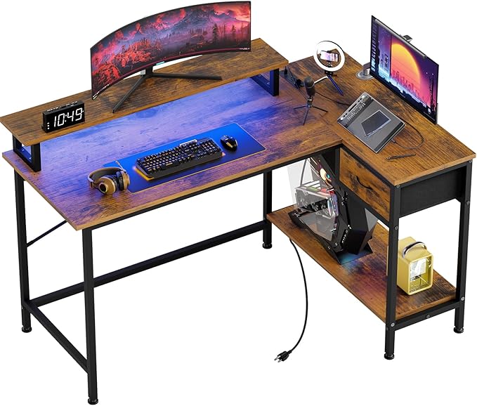 L Shaped Gaming Desk with Power Outlets and LED Lights, 43 Inch Computer Desk with Charging Port, Small Corner Desk Table with Drawer and Shelf, Home Office Desk with Monitor Stand, Black