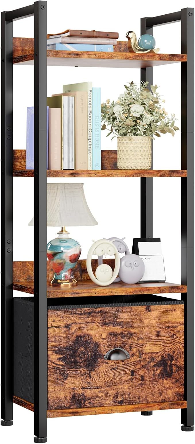 5 Tier Bookshelf with Drawer, Tall Narrow Bookcase with Shelves, Wood and Metal Book