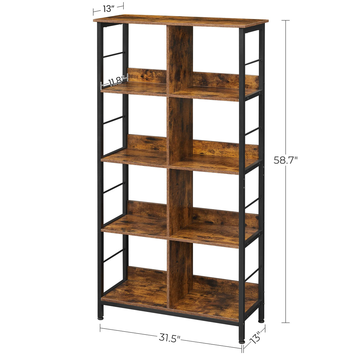 Industrial 8-Compartment Bookshelf, 4-Tier Bookcase with 8 Open Slots, Display Storage Rack, for Office, Living Room, Bedroom, 31.5 x 13 x 58.7 Inches, Rustic Brown and Black ULLS105B01