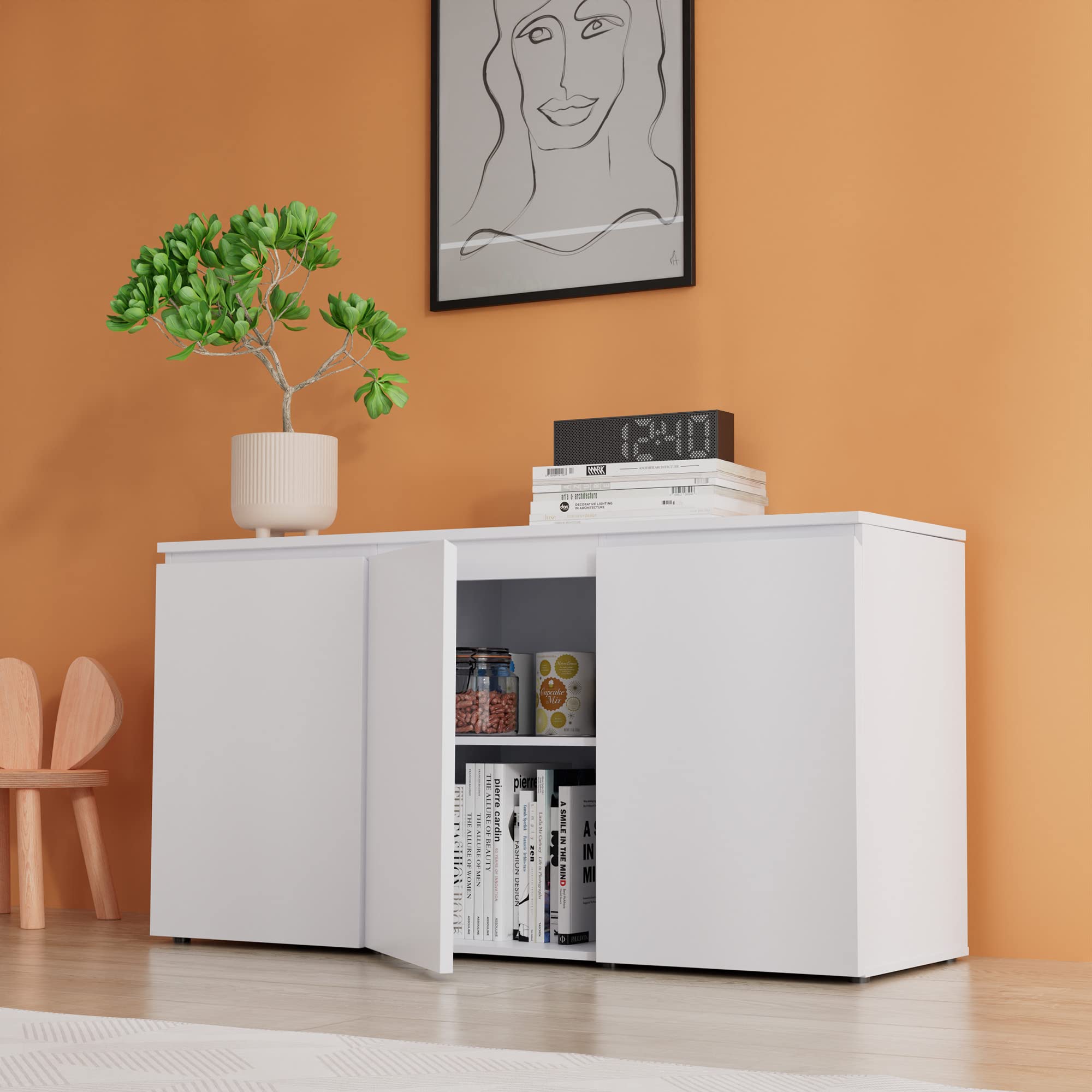 Buffet Cabinet with Storage, Coffee Bar Cabinet with 3 Doors and Adjustable Shelf, Kitchen Buffet Sideboard for Living Room, Kitchen, 47.15" L x 24.65" H x 15.75" W, White
