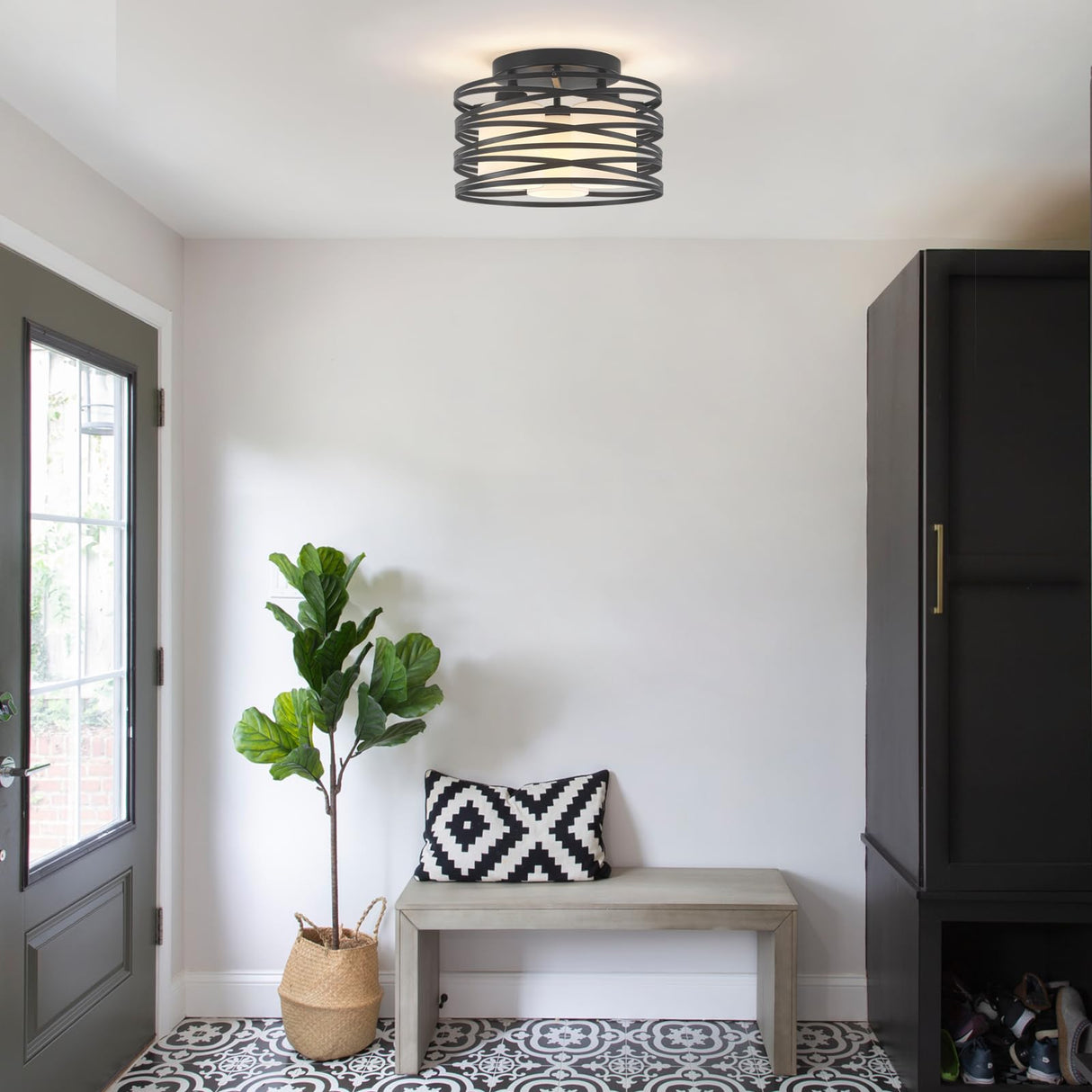 Black Flush Mount Ceiling Light - 3-Light Drum Semi Flush Mount