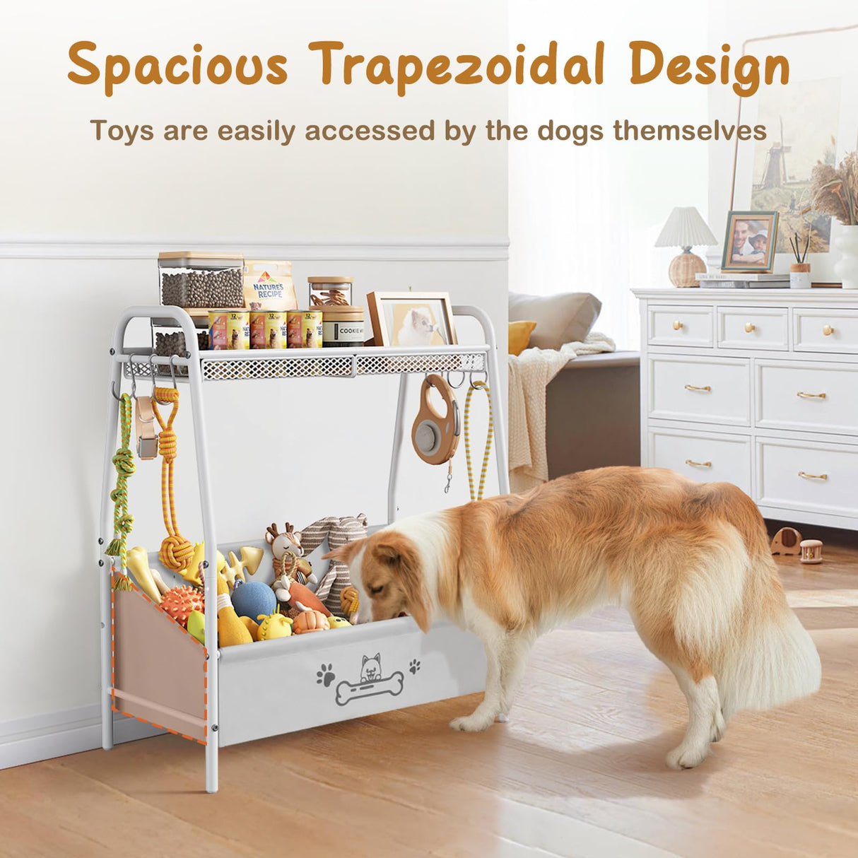 Large Dog Toy Storage Basket with Shelf & Hooks - 23.6" Organizer