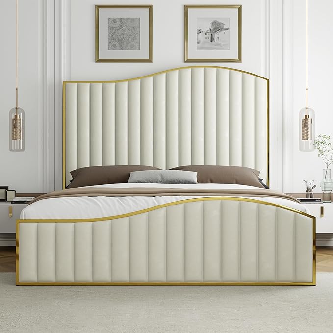 Queen Size Harp Bed Frame, Velvet Upholstered Platform Bed
