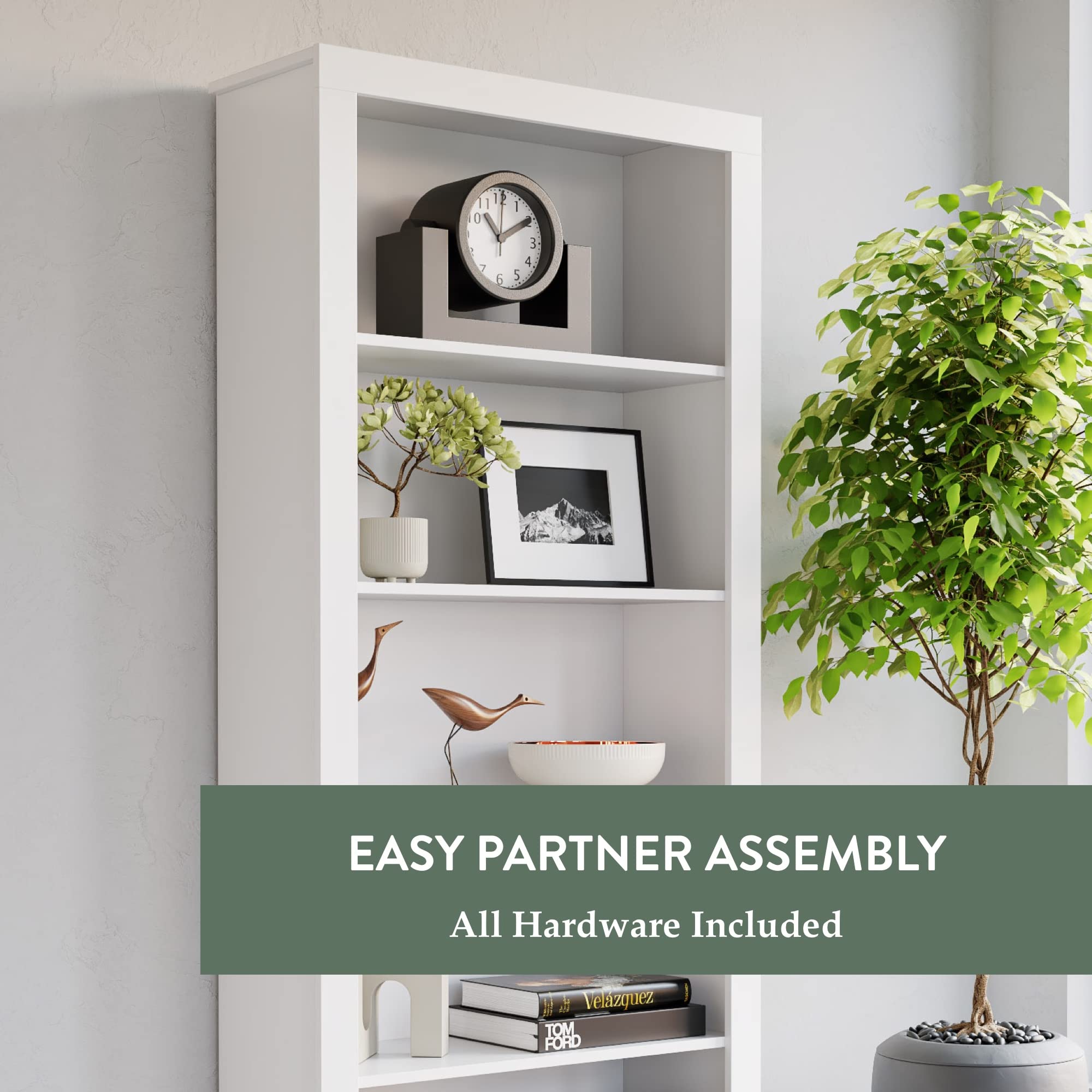 Edenbrook Sumac Bookcase, 5-Shelf Organizer for Bedroom Furniture or Home Office Furniture, White Bookshelf 12.8D x 31.5W x 72.8H in