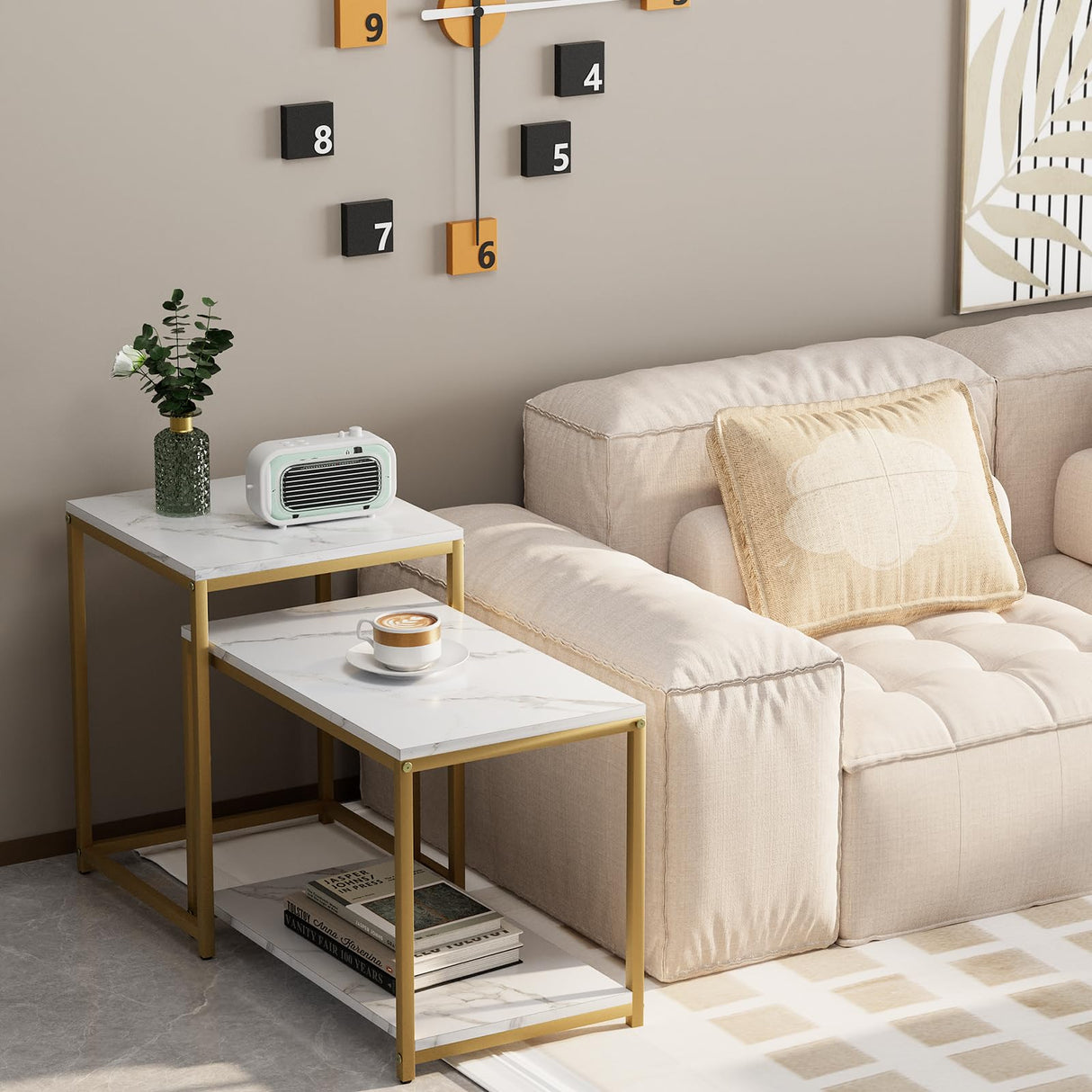 Coffee Table White Rectangular Table for Living Room,Nesting Coffee Table Set of 2 Storage