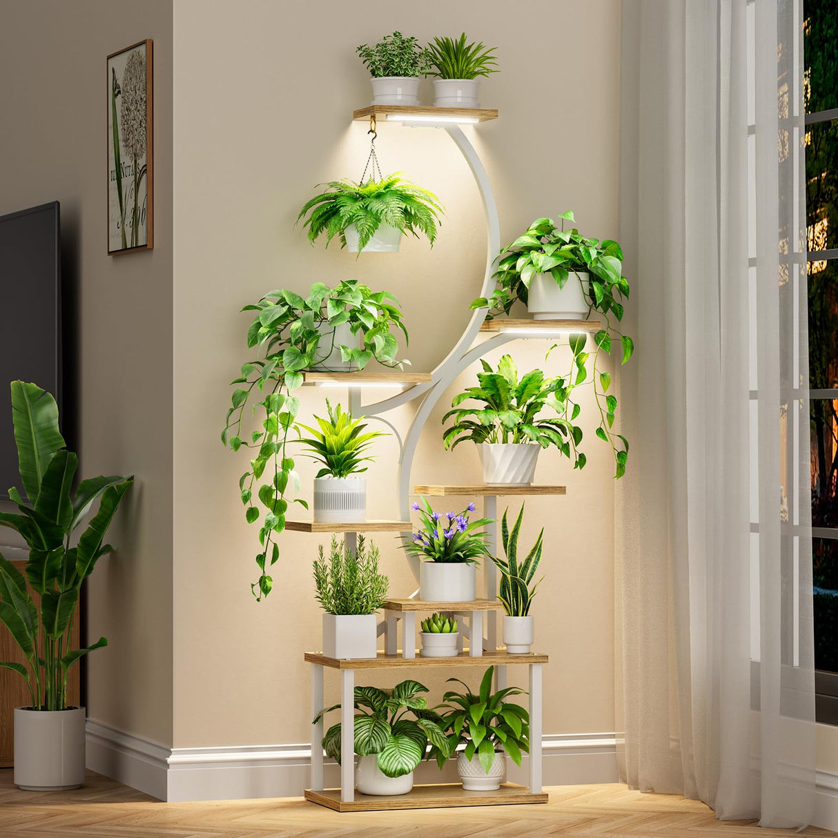 8-Tier Metal Plant Stand with Grow Lights – Indoor Corner Shelf