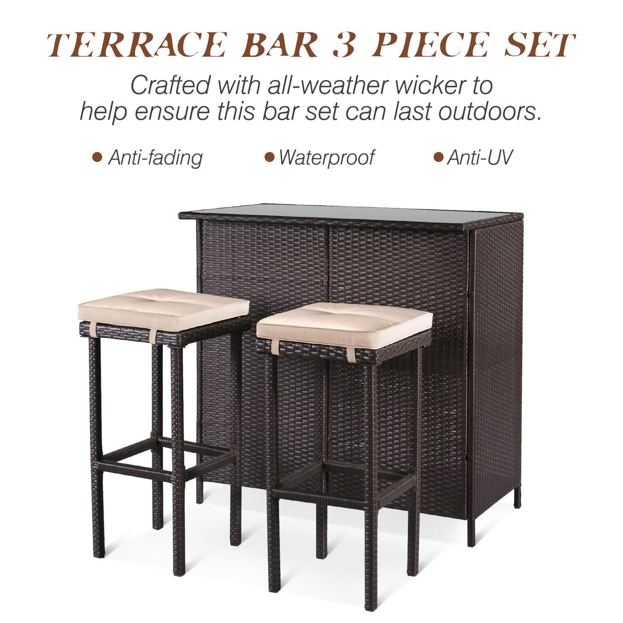 SOLAURA 3-Piece Outdoor Patio Bar Set Black Brown Wicker Bar Table Set Patio Furniture and Two Stools with Cushions for Backyards, Lawn, Garden or Poolside