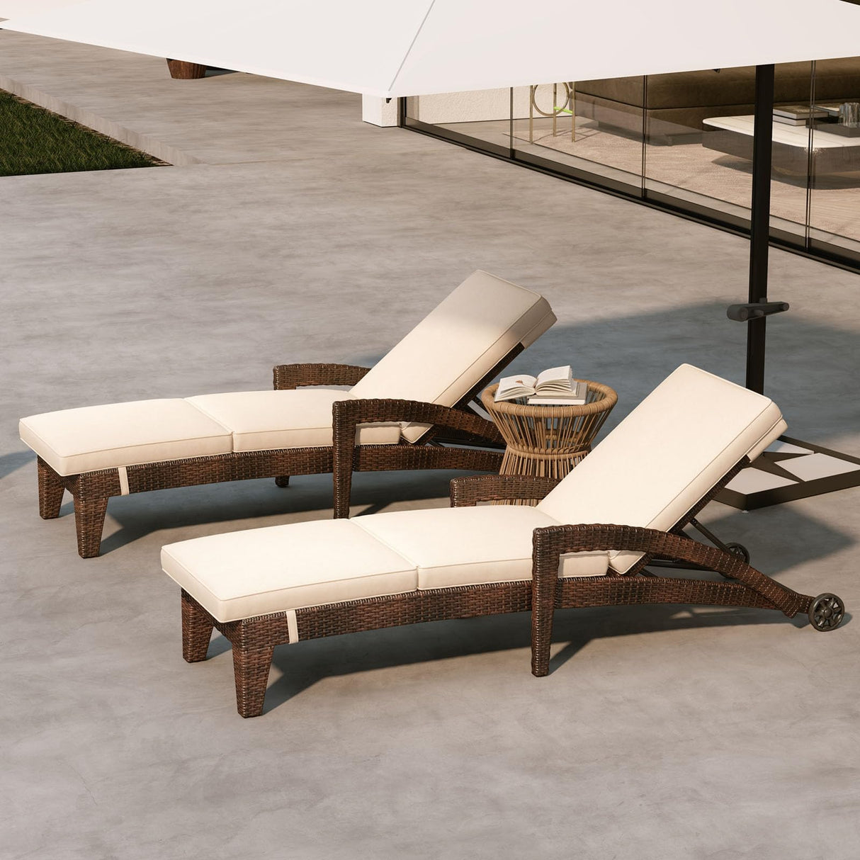 Patio Chaise Lounge Set of 2, Outdoor Wicker Chaise Lounges with Wheels