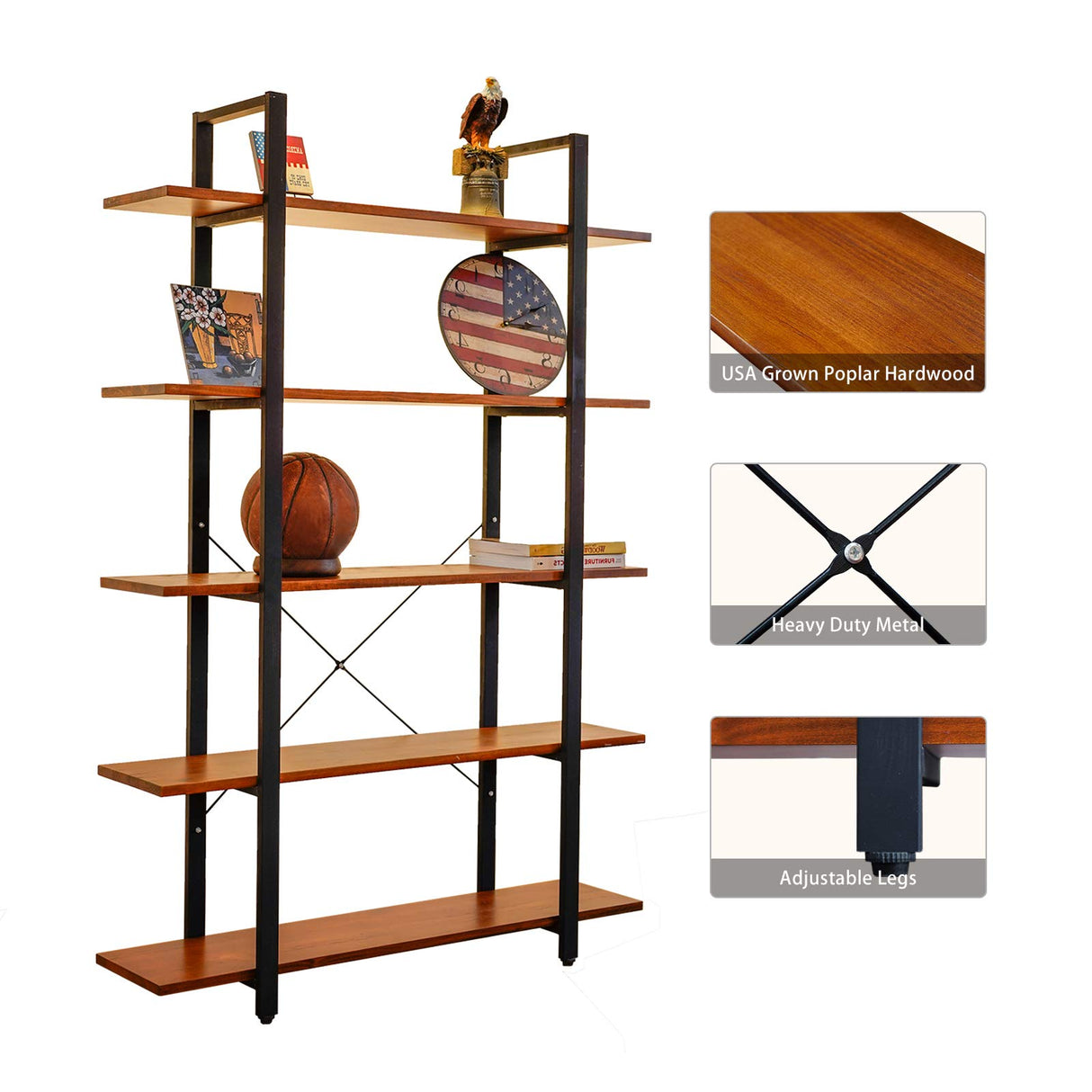 Industrial Bookshelf, USA Grown Hardwood, Real Wood Bookshelves, Modern Open Rustic Bookcase, Storage Shelf, Display Shelf, Poplar Solid Wood-5 Tier Shelf