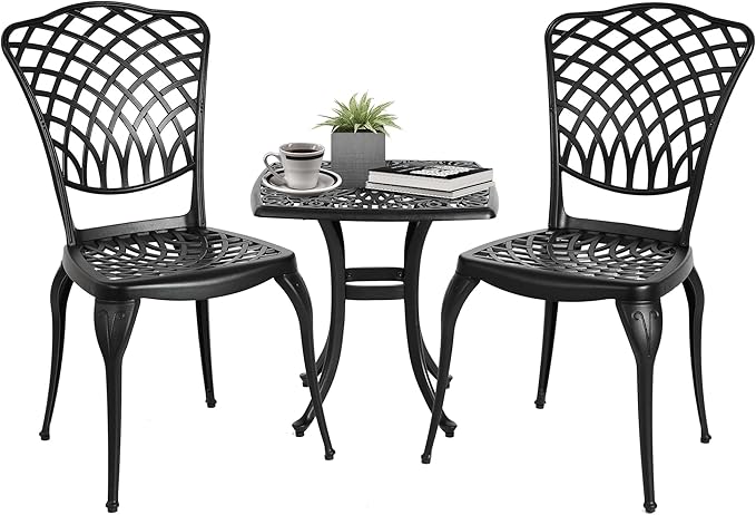 3-Piece Outdoor Bistro Table and Chairs Set - Rose Pattern Cast Aluminum Patio Furniture