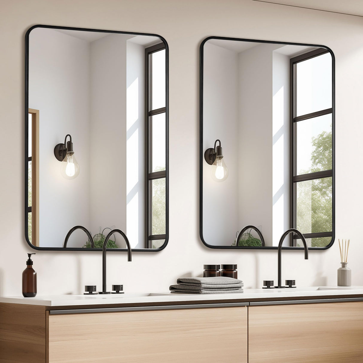 Black Metal Framed Bathroom Mirror 24x36 - Set of 2 Rounded Rectangle Vanity Mirrors