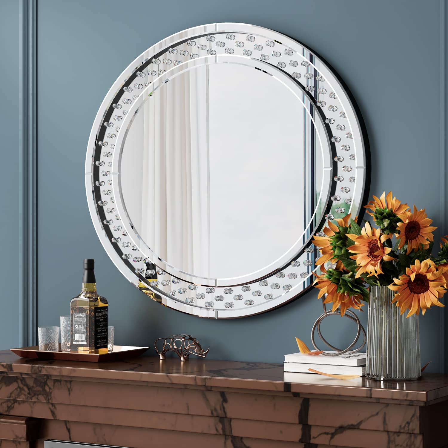 Round Decorative Wall Mirror - 31.5 x 31.5 in Floating Crystal Accent Large Mirror