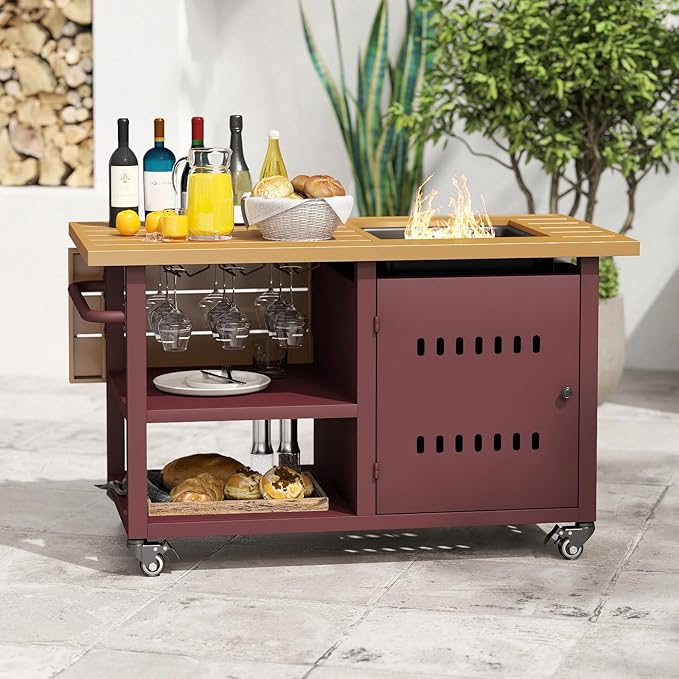 Gas Fire Pit Table with Universal Wheels, 50000 BTU Patio Rectangular Firepit Tables