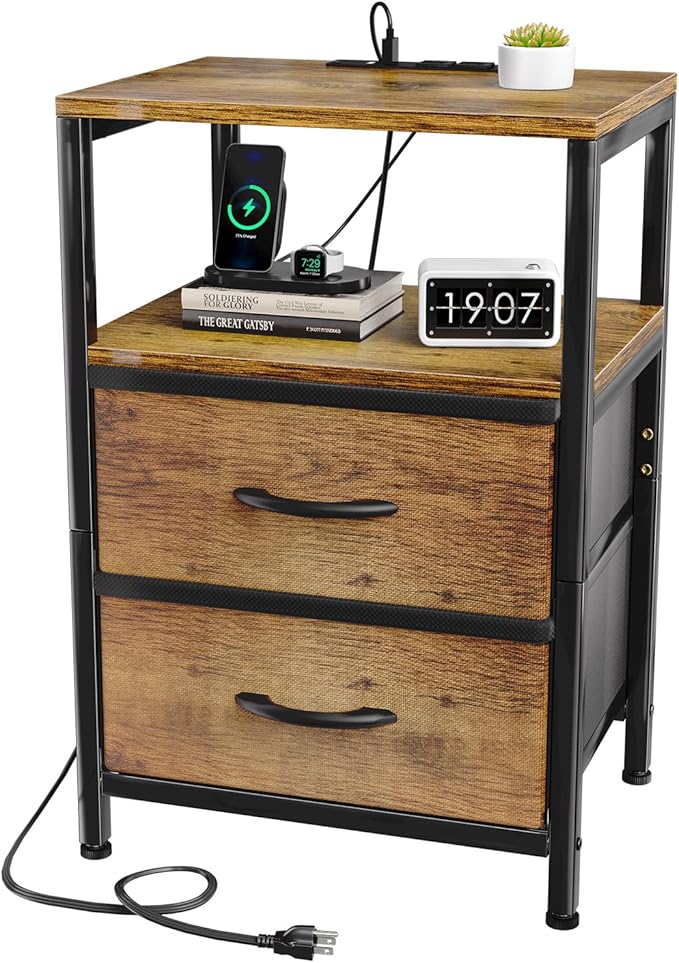 Nightstand with Charging Station, End Table Side Table with 2 Drawer Storage