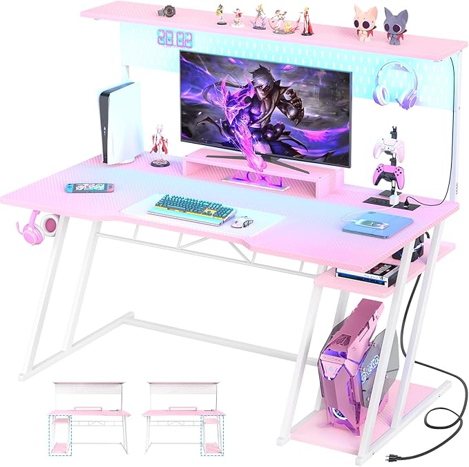Gaming Computer Desk with Shelves and Outlets, Gaming Desk with Hutch and LED Lights