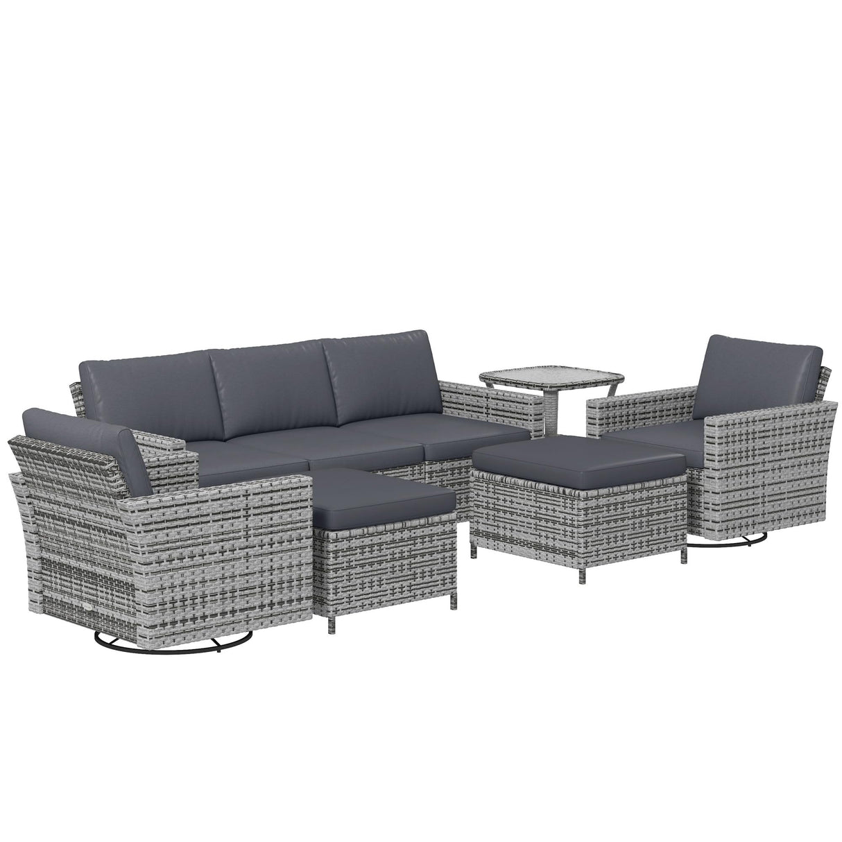 6 Piece Patio Furniture Set with Rattan 3-Seater Sofa, Swivel Rocking Chairs, Footstools
