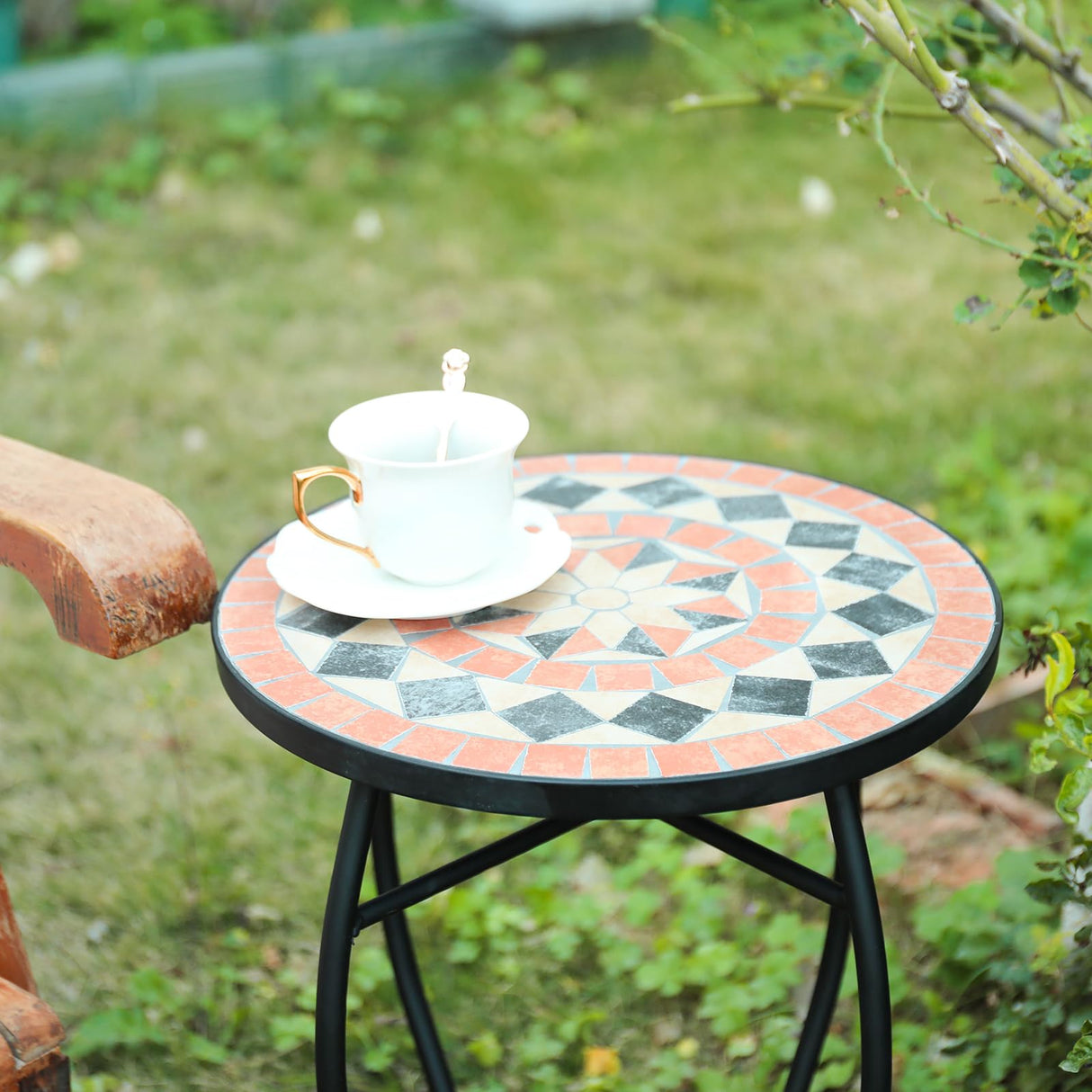 VCUTEKA Mosaic Outdoor Side Table - Small Patio Table Coffee Table Outside Accent Table Round End Plant Table for Bistro Balcony Porch Outdoor Benches 14'' Mosaic Table - Bircata