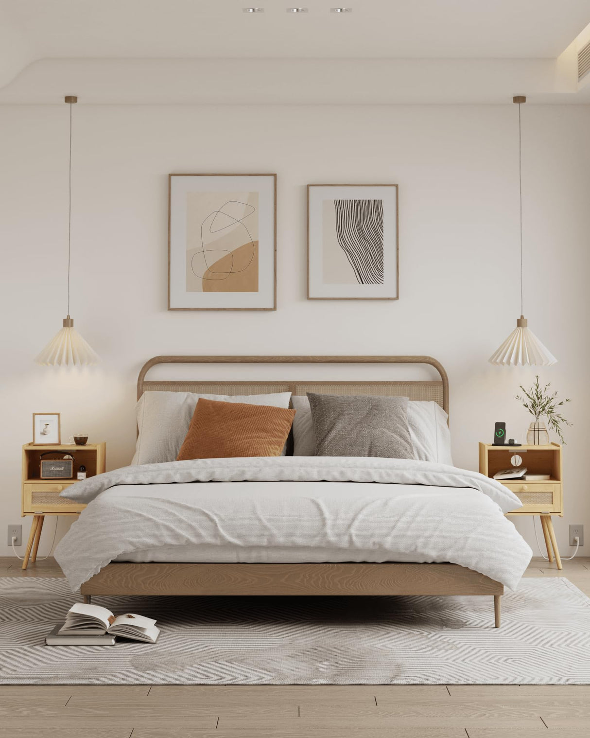 Rattan Nightstand,Farmhouse Bedside Table with Storage Drawer and Open Shelf