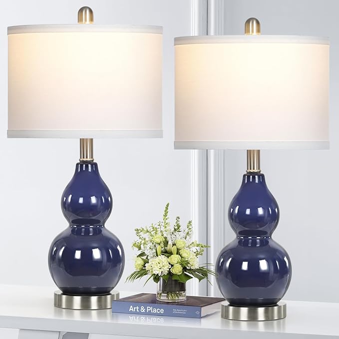 Double Gourd Ceramic Table Lamps Set of 2, Modern White Bedside Lamps for Night Stand