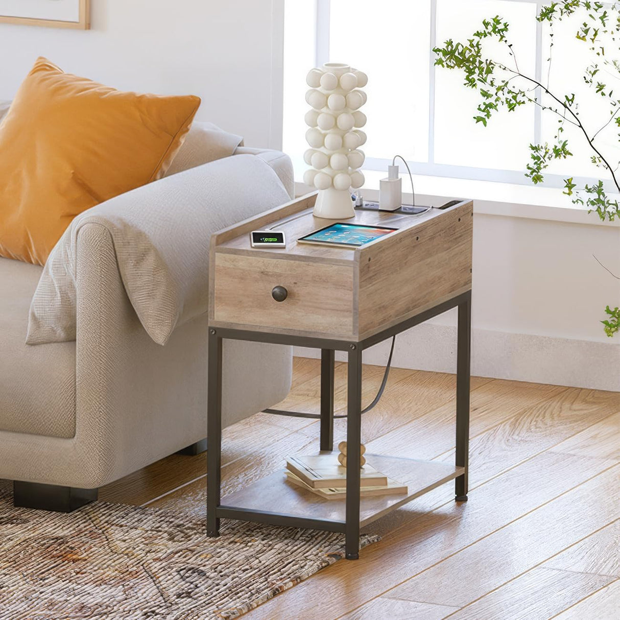 Narrow Side Table, End Tables Living Room Set of 2, Slim Nightstand with Charging Station