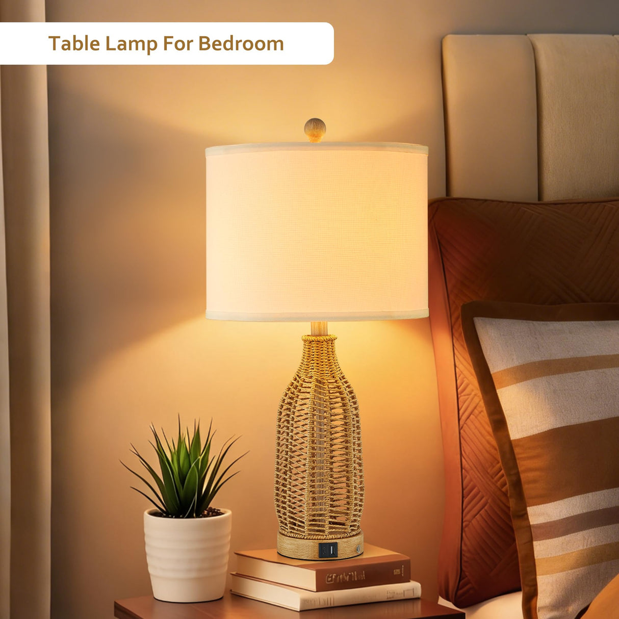 24.5" Rattan Table Lamps Set of 2 with USB Charging Ports