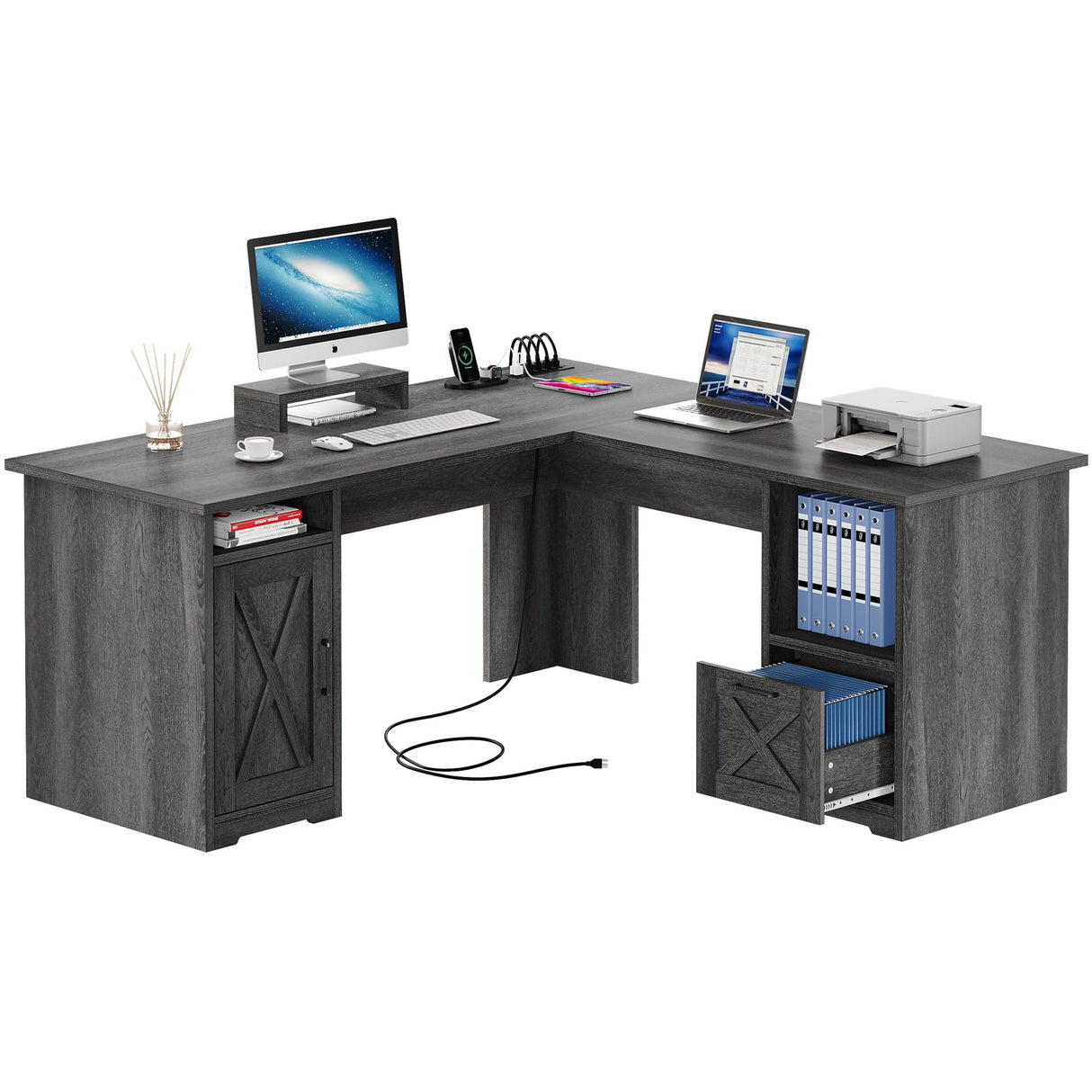 PowerMax 60” L-Shaped Computer Desk with USB & Power Outlets