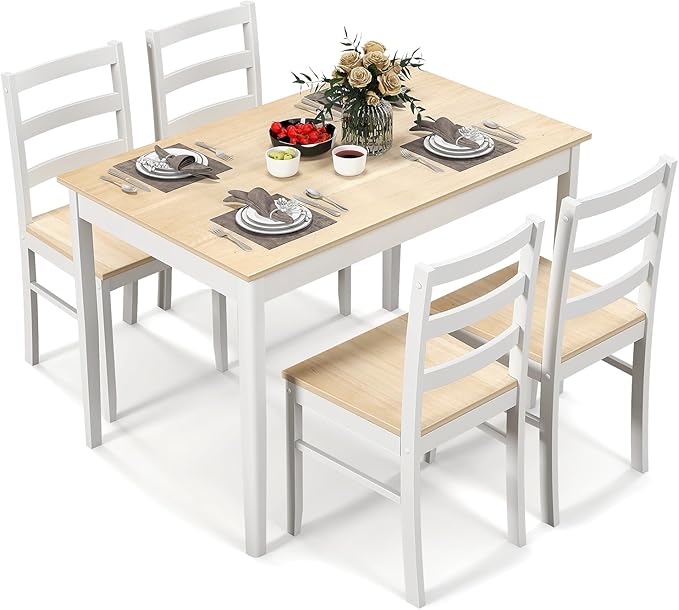 Dining Table Set for 4, Wood Kitchen Table Chairs Set with Rubber Wood Legs, Space
