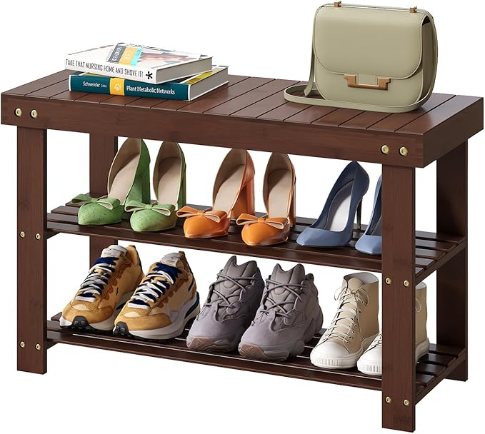Bamboo Shoe Bench, 3-Tier Shoe Rack with 1.6" Thick Padding