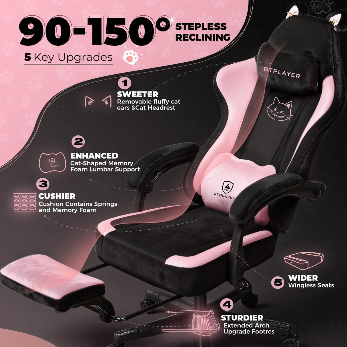 Pink Gaming Chair with Cat Ears - Ergonomic Office Chair with Memory Foam