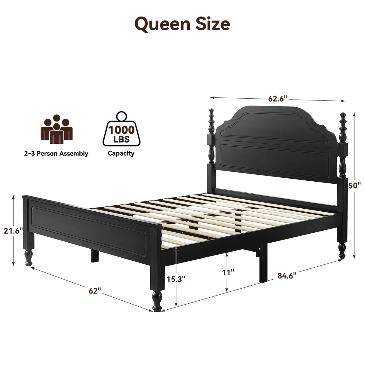 Solid Wood Queen Bed Frame with Headboard - Heavy Duty Platform Bed, No Box Spring Needed