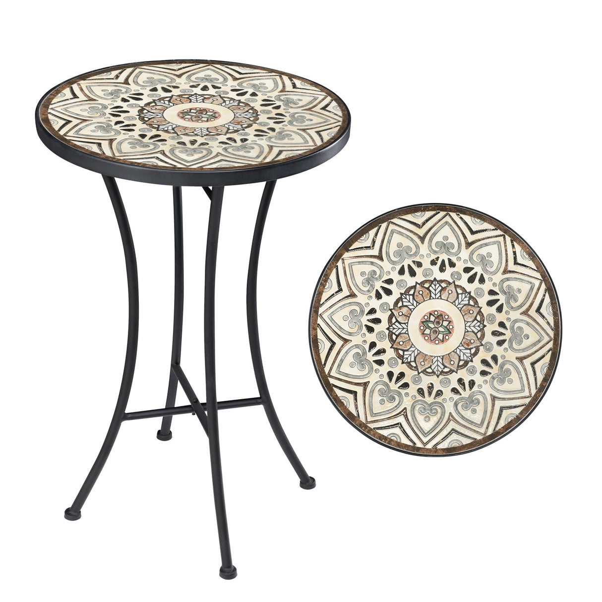 Mosaic Outdoor Side Table, 14" Round Folding Plant Stand for Patio Garden Backyard