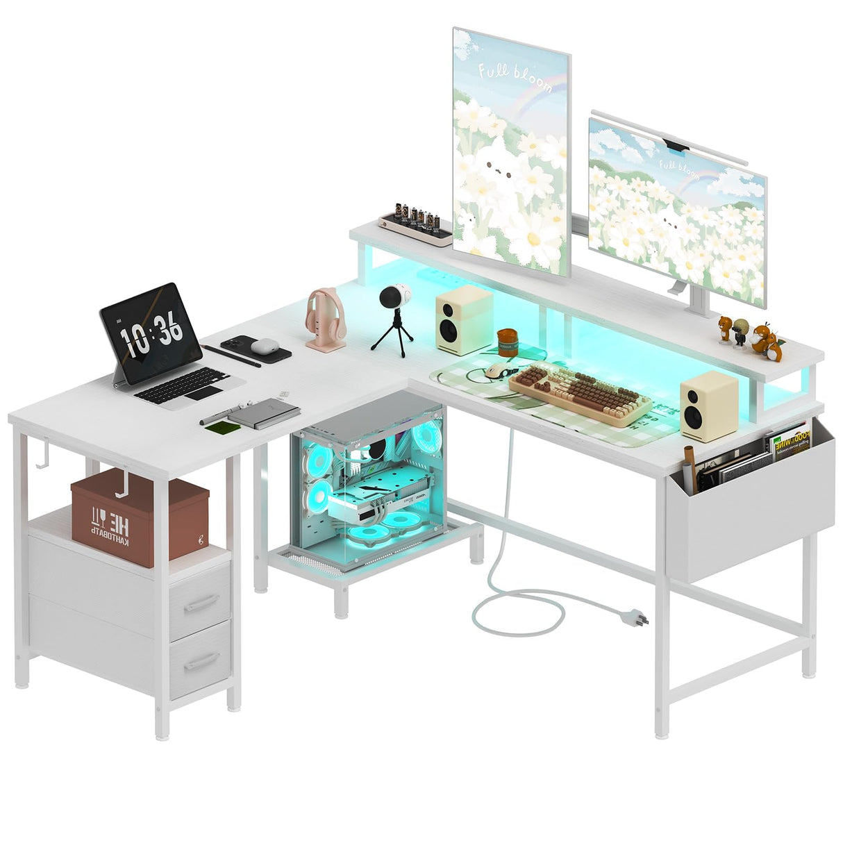 White L Shaped Computer Desk with Fabric Drawers, 47 Inch Corner Home Office Desk