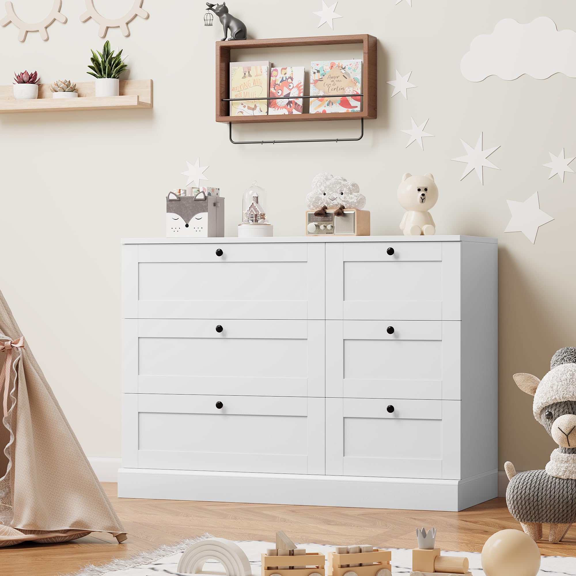 HOSTACK 6 Drawer Dresser, White Dresser for Bedroom, Wood Chest of Drawers, Wide Double Dresser, Modern Drawer Chest for Living Room, Entryway, Hallway, White