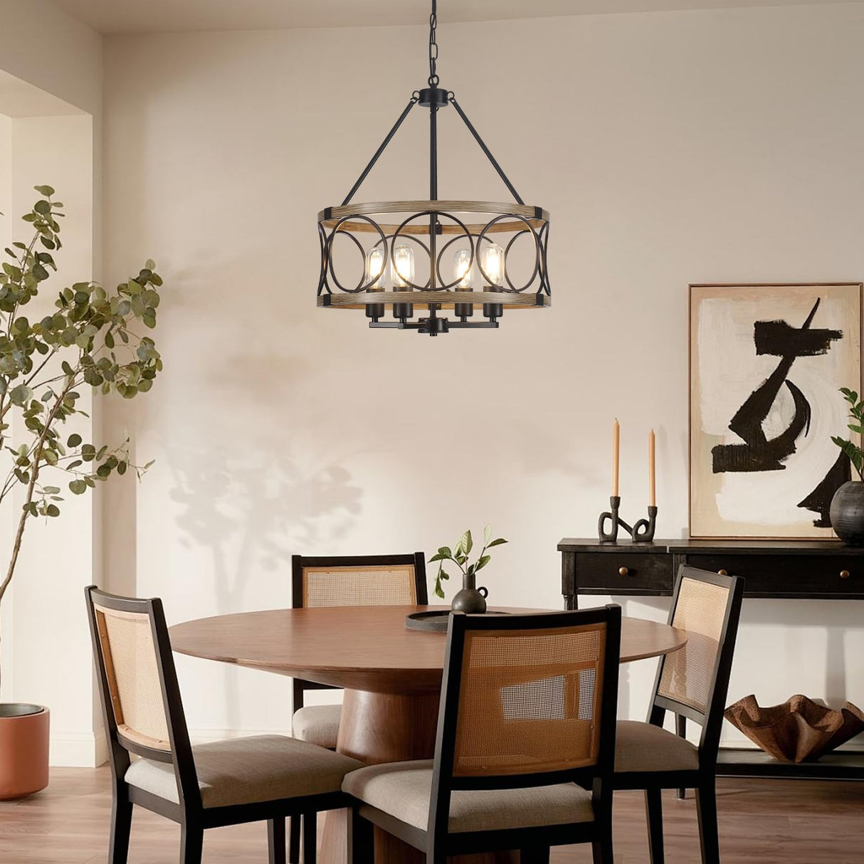 4-Light Farmhouse Chandelier, Rustic Faux Wood Chandeliers Dining Room Light Fixture