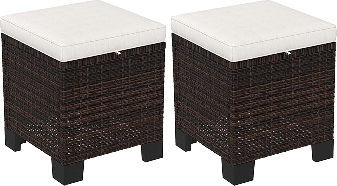 2 Pieces Outdoor Patio Ottomans, All Weather Wicker Outdoor Footstools
