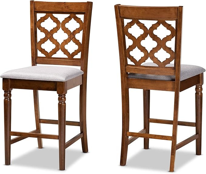 Pub Set and Pub Set Pub Set Grey Fabric Upholstered and Walnut Brown Finished Wood