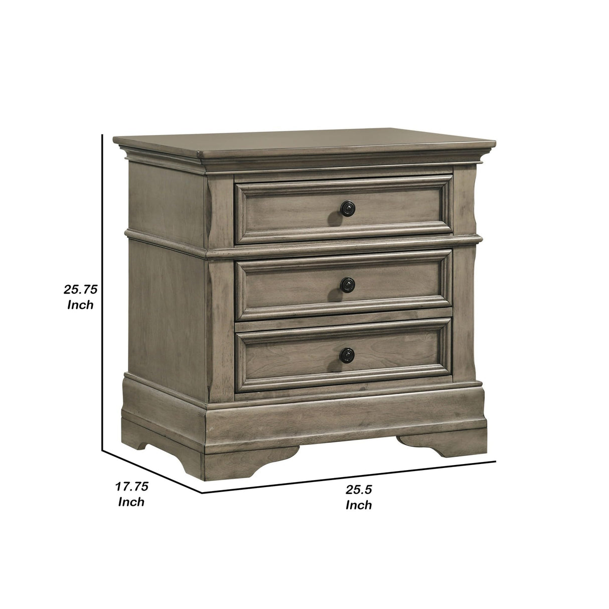 26 Inch 3 Drawer Nightstand, Felt Lined, Crown Molded, Wheat Wood, Brown, Gray and Bronze