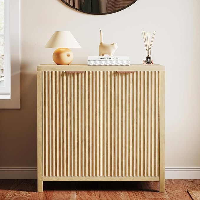Modern Fluted Black Storage Cabinet with Adjustable Shelf