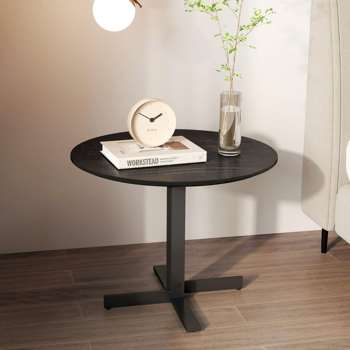 Black Round End Table, Wood Side Table for Living Room, Wooden Top and Metal Legs