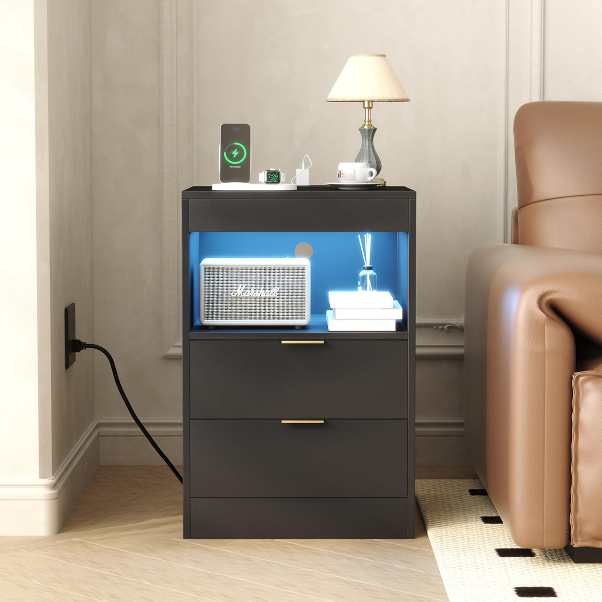 Night Stand, Bedside Table, LED Nightstand with Charging Station, Modern Night Stand