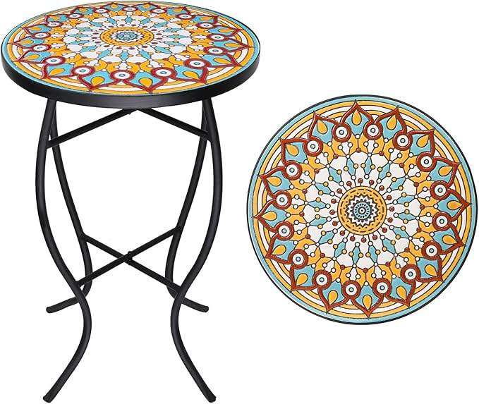 Mosaic Outdoor Side Table - Small Patio Table Coffee Outside Accent Tables Round End