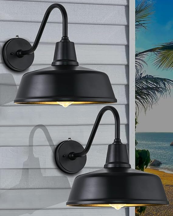 15" Large Outdoor Barn Light, Dusk to Dawn Gooseneck Light in Galvanized Steel/Outdoor