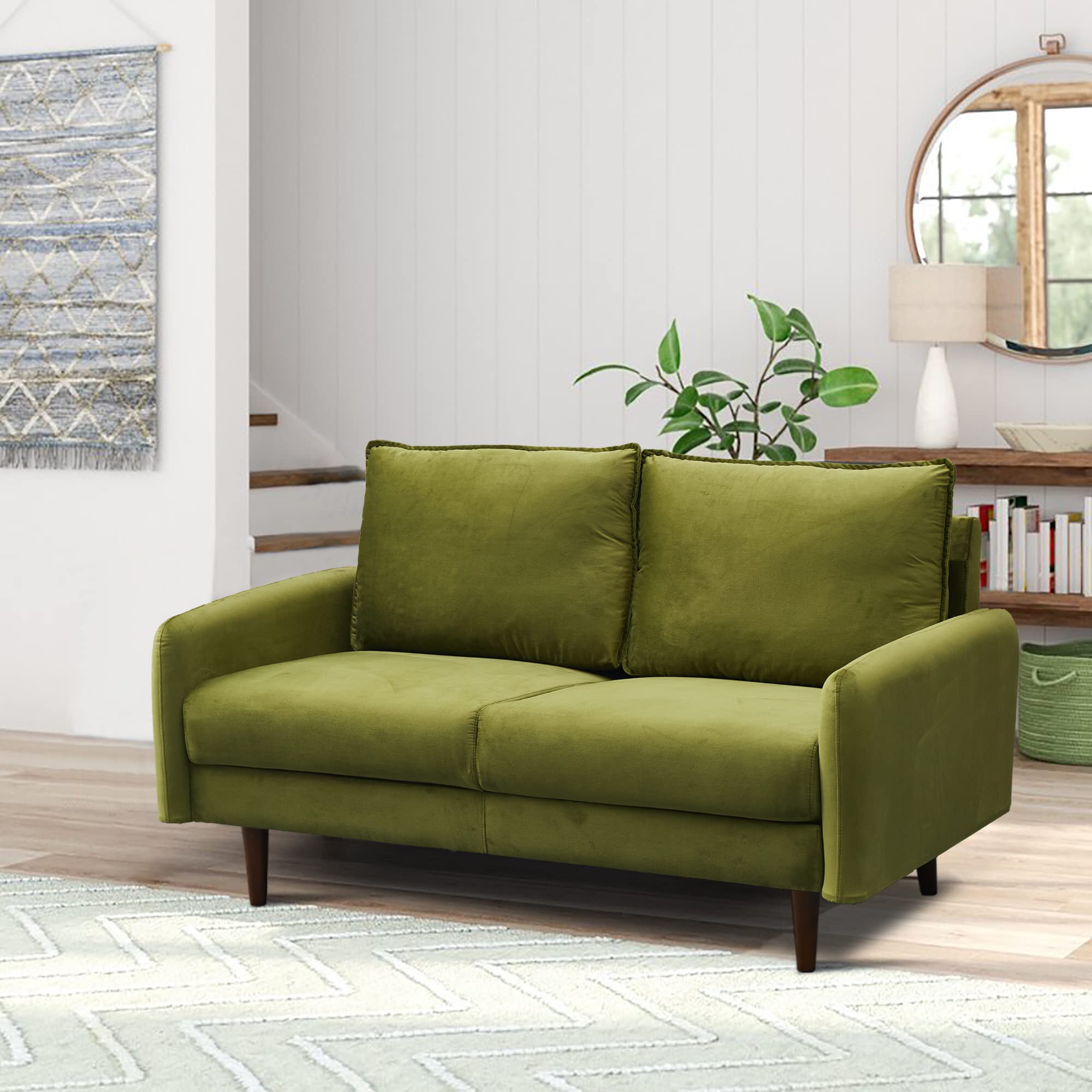 Velvet Loveseat Mid-Century Modern Sofa Tufted Couch with Wooden Legs for Living Room