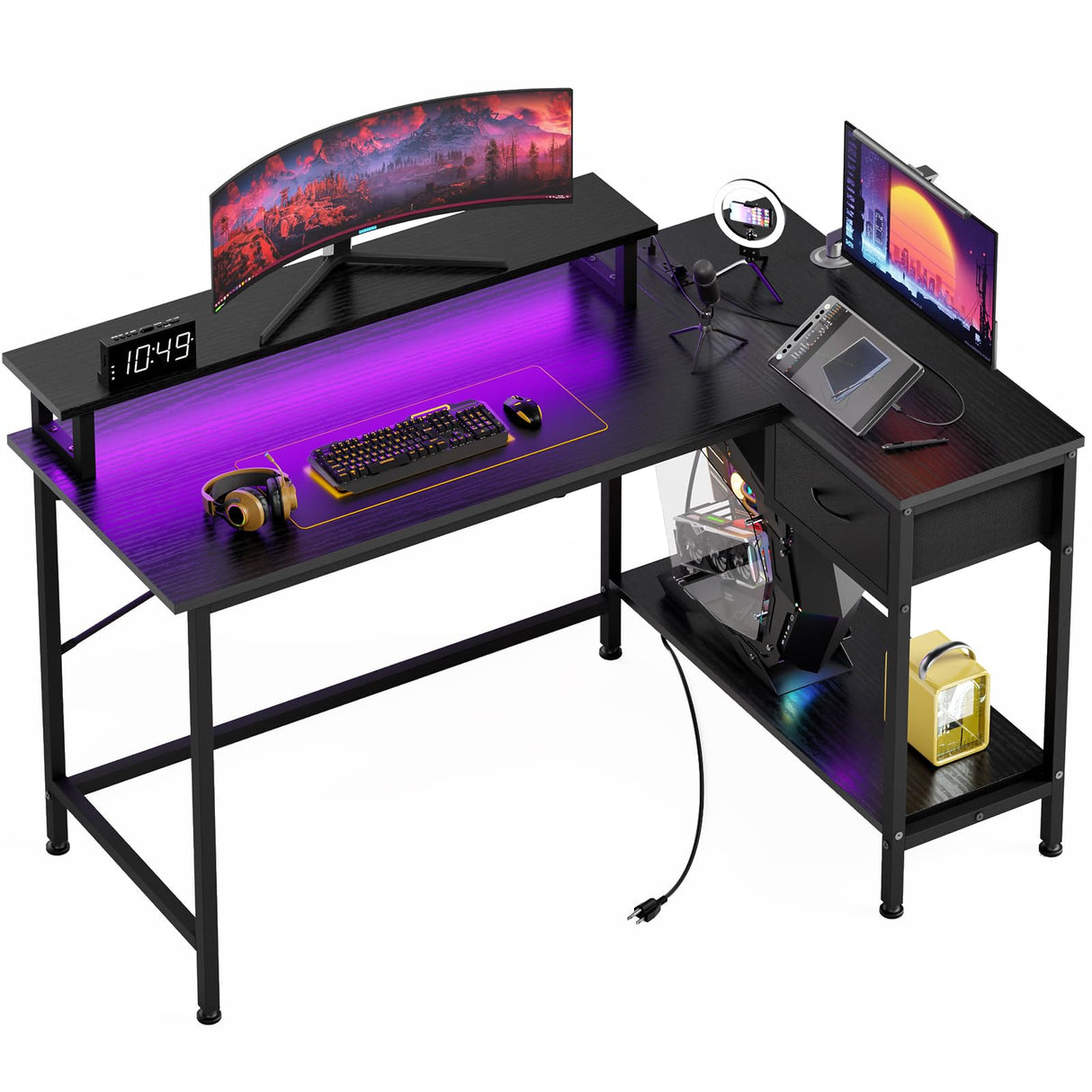 L Shaped Gaming Desk with Power Outlets and LED Lights, 43 Inch Computer Desk with Charging Port, Small Corner Desk Table with Drawer and Shelf, Home Office Desk with Monitor Stand, Black