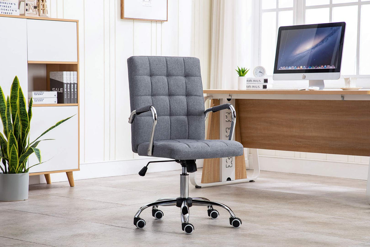 Swivel Office Chair with Durable Hemp Fabric Upholstery in Classy Tufted Design, Adjustable Height, Ergonomic Armrests and Roller Wheels